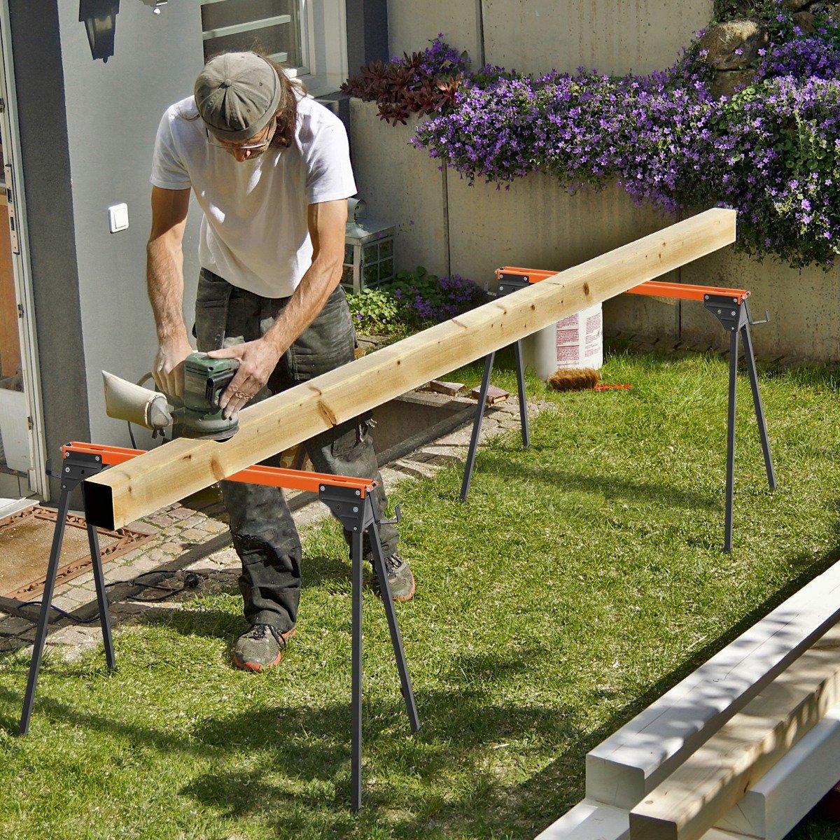 2 Pack Portable Saw Horse Work Table with Quick Open Legs and Support Arms-Orange