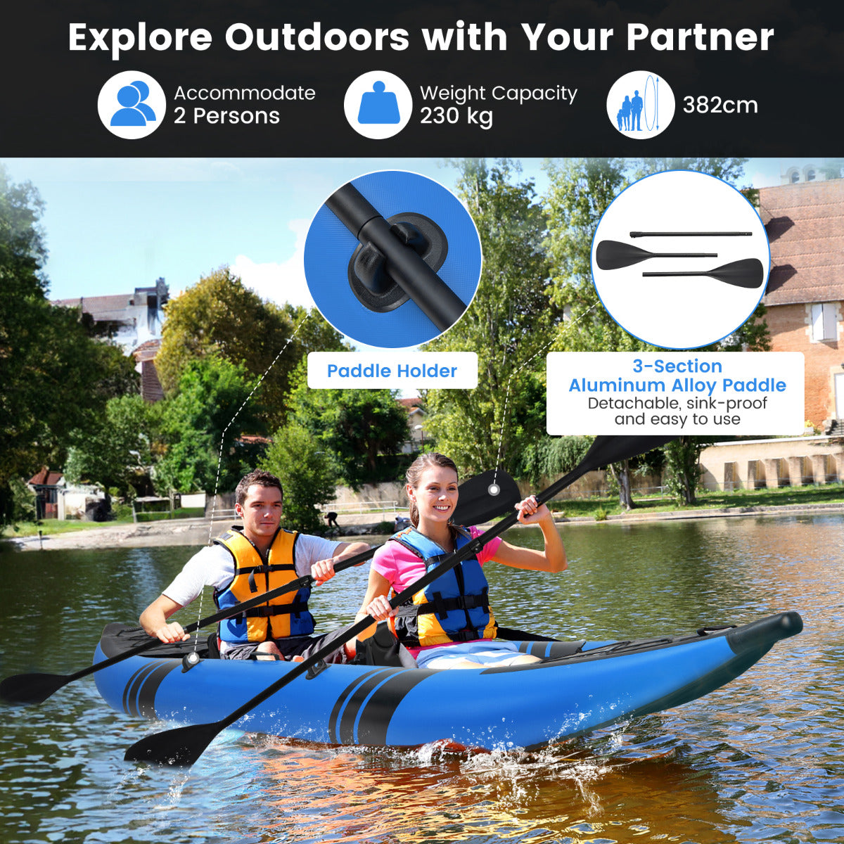 2-Person Inflatable Kayak Set with Aluminum Oars and Padded Seat-Red