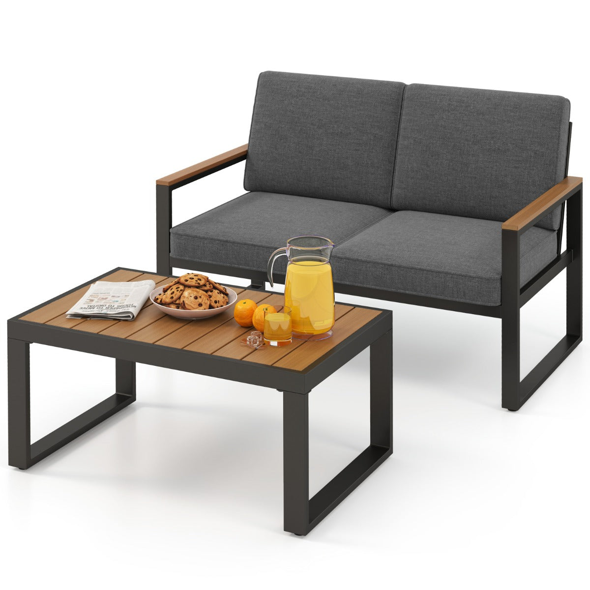2 Piece Patio Aluminum Furniture Set with Wood-Plastic Armrests and Tabletop-Grey