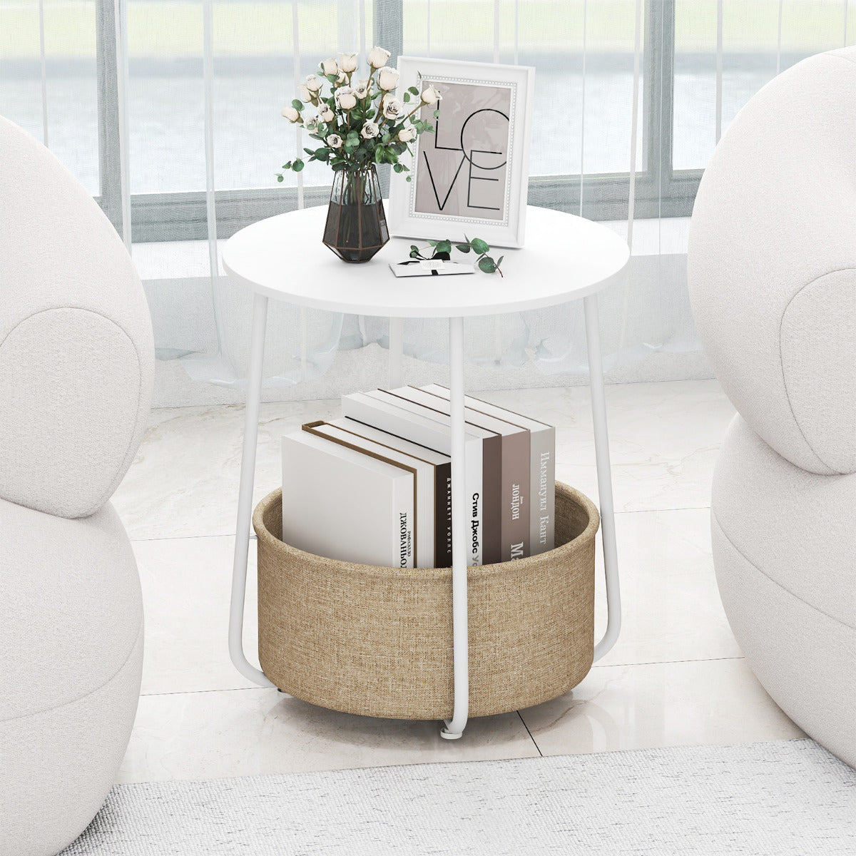 2-Tier End Table with Fabric Storage Basket and Metal Frame-Black