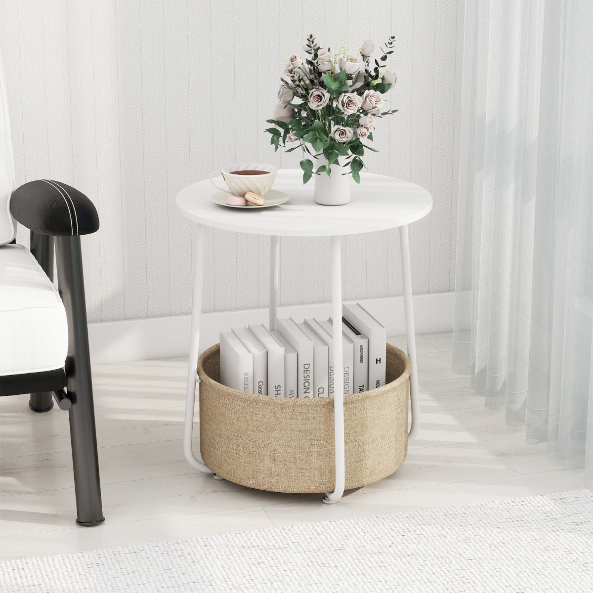 2-Tier End Table with Fabric Storage Basket and Metal Frame-Black