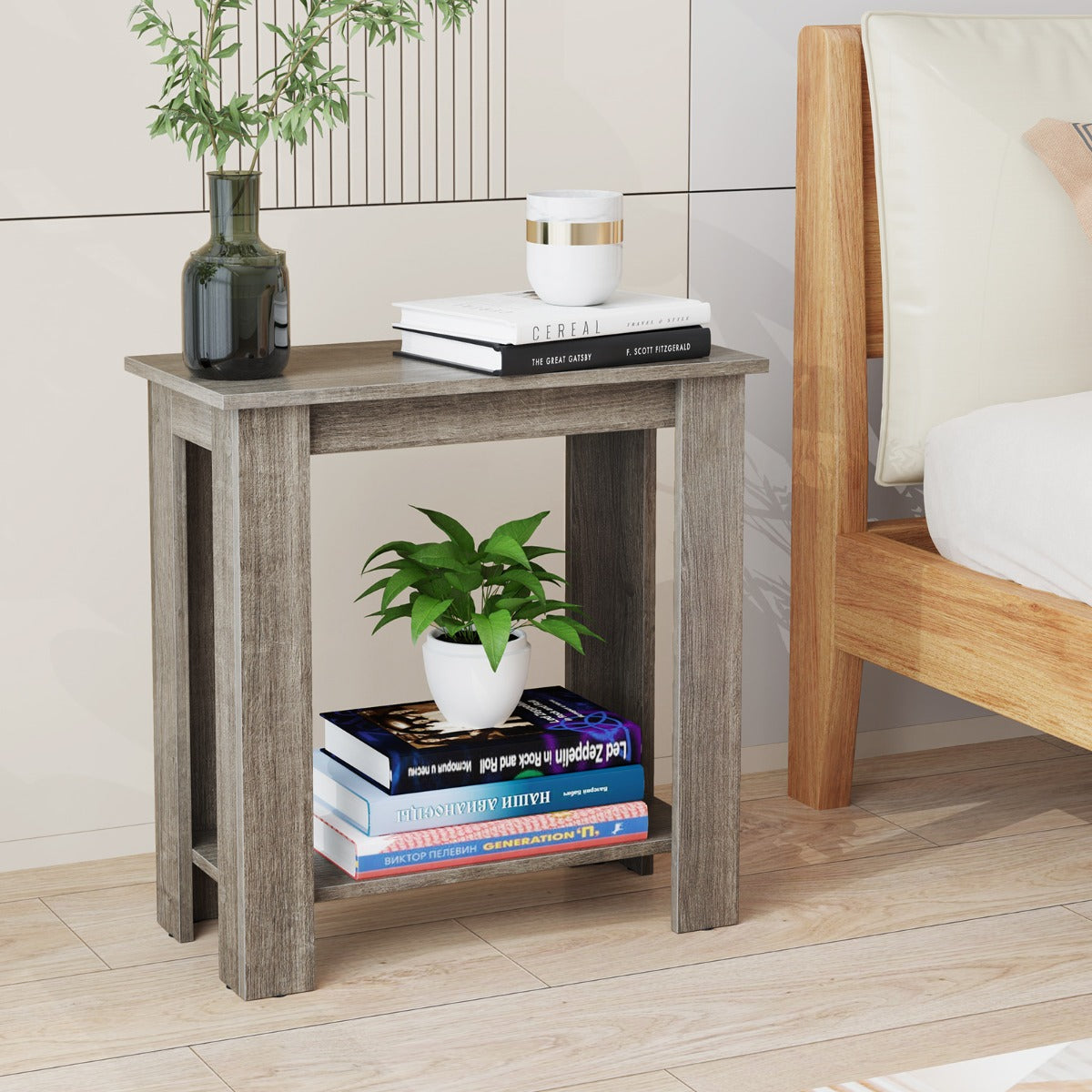 2-Tier End Table with Storage Shelf for Small Spaces-White