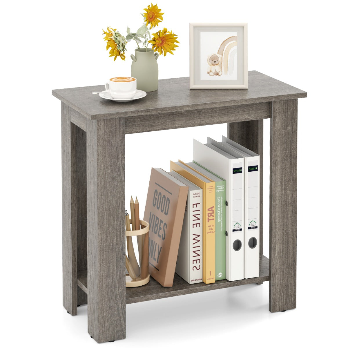 2-Tier End Table with Storage Shelf for Small Spaces-White