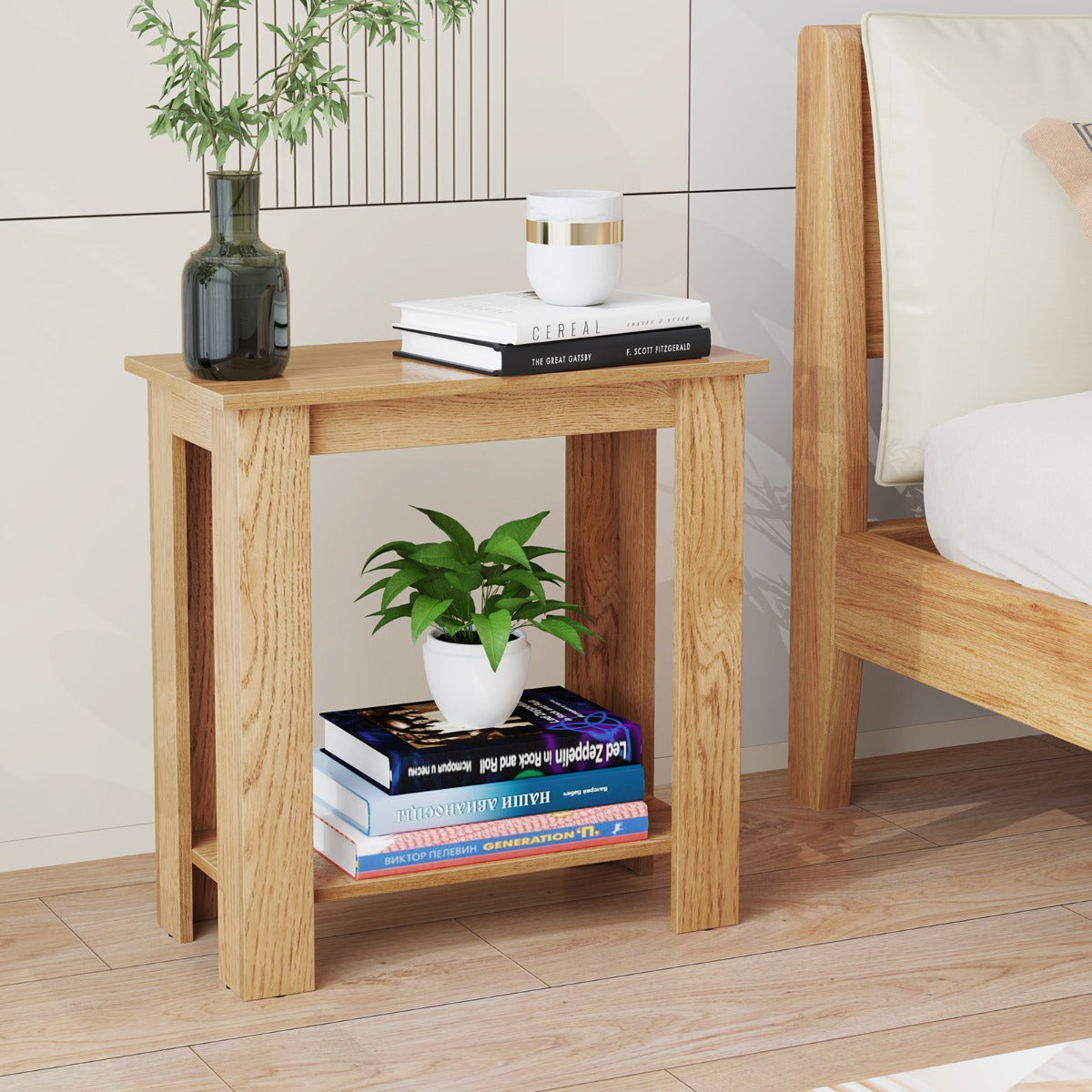 2-Tier End Table with Storage Shelf for Small Spaces-White