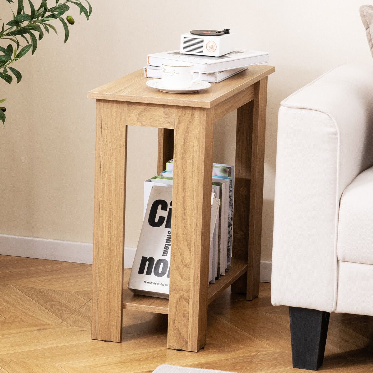 2-Tier End Table with Storage Shelf for Small Spaces-White