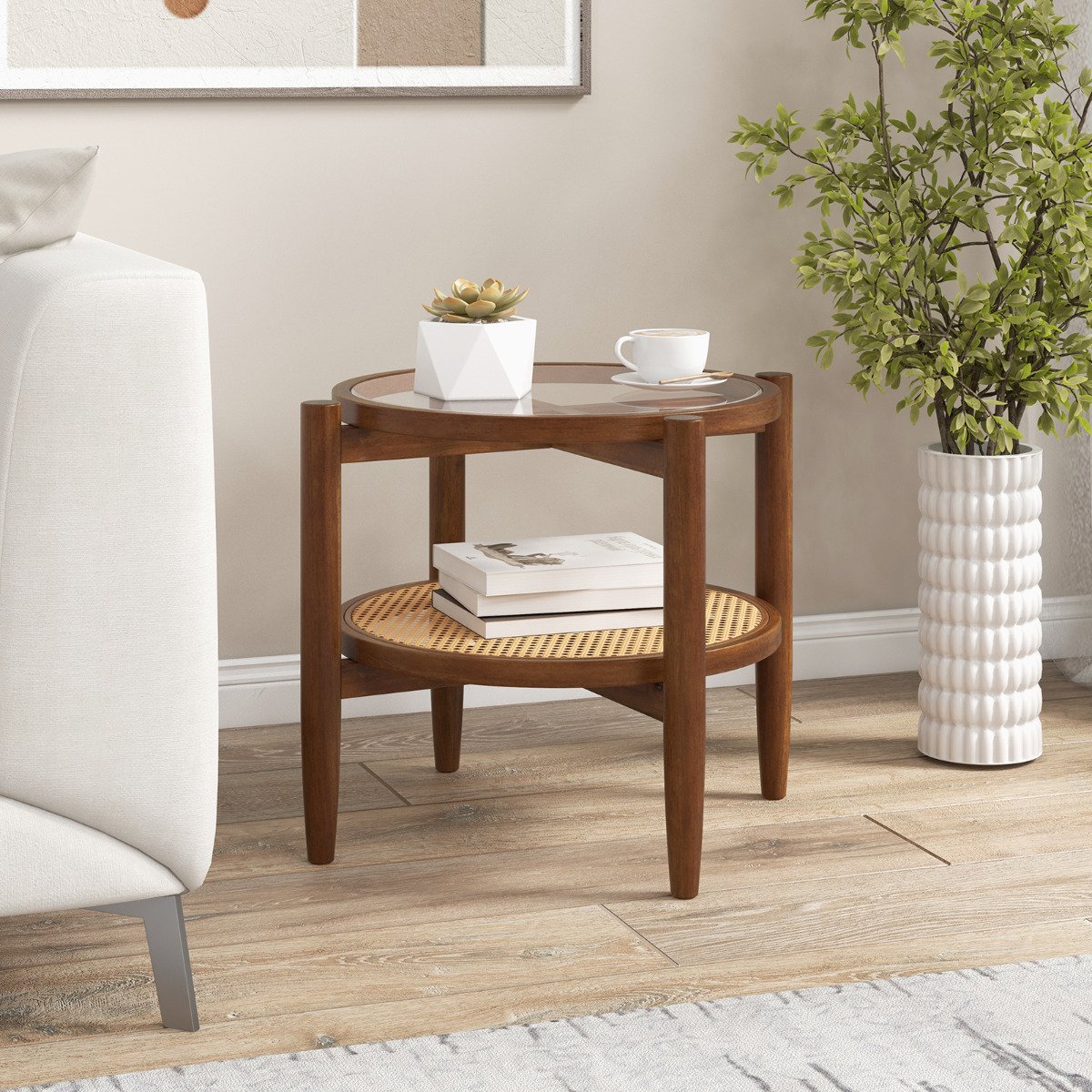 2-Tier Round Side End Table Set of 2 with Tempered Glass Tabletop