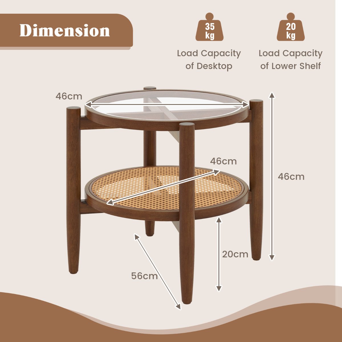 2-Tier Round Side End Table Set of 2 with Tempered Glass Tabletop