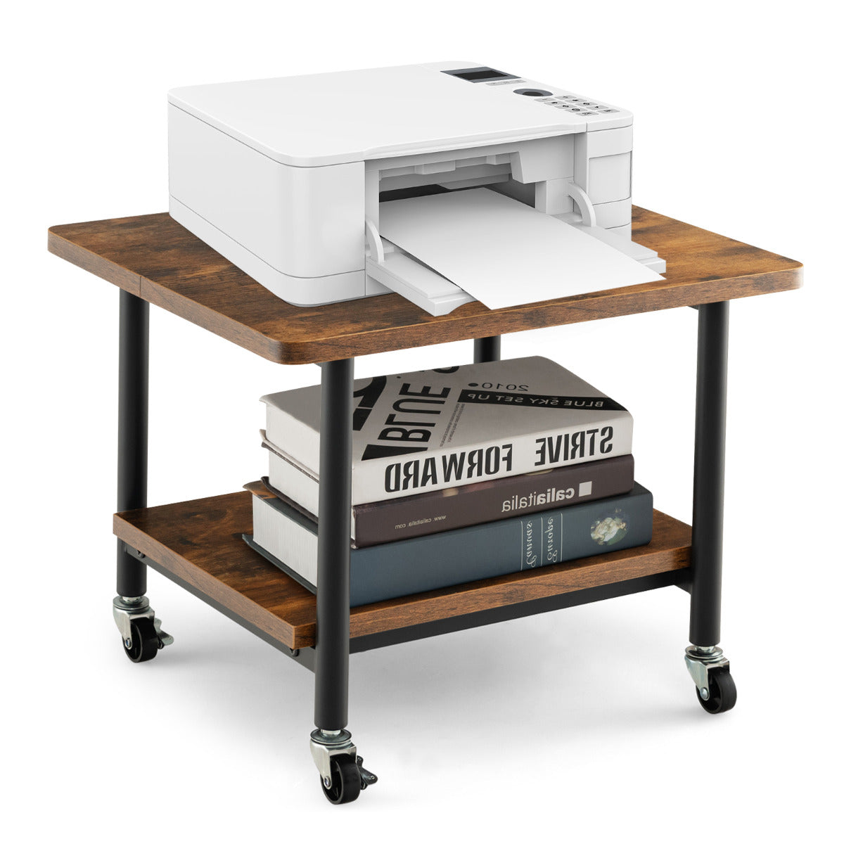 2 Tier Wooden Printer Stand with 360° Swivel Casters-White