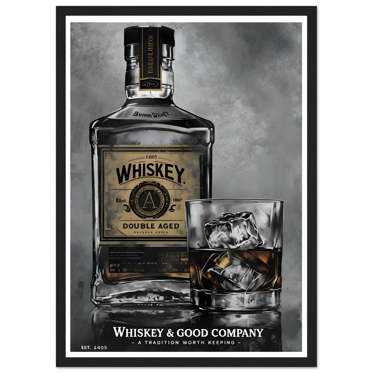 Noir Whiskey Bottle Framed Poster – Sophisticated Wall Art for Home Bars & Lounges