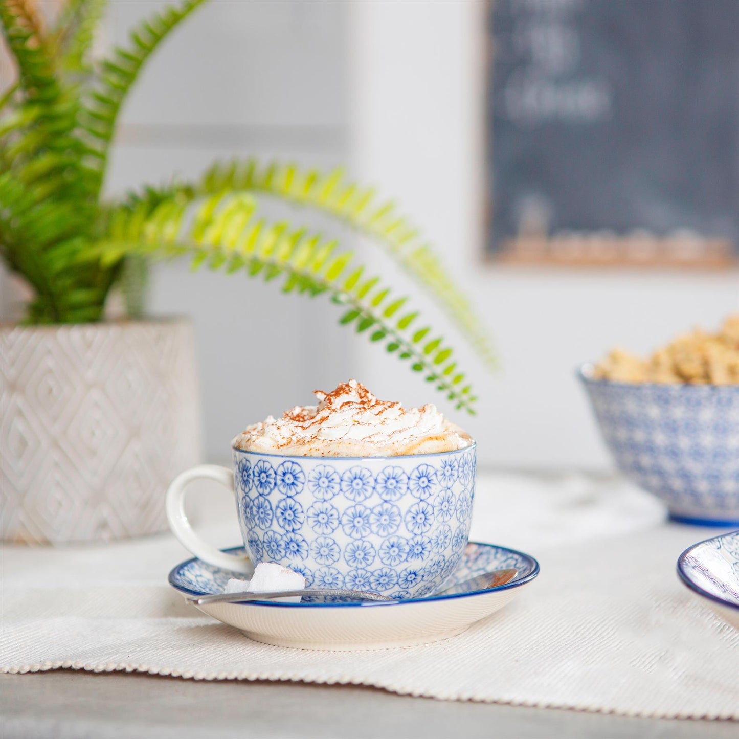250ml Navy Hand-Printed Stoneware Cappuccino Cups - Pack of Six