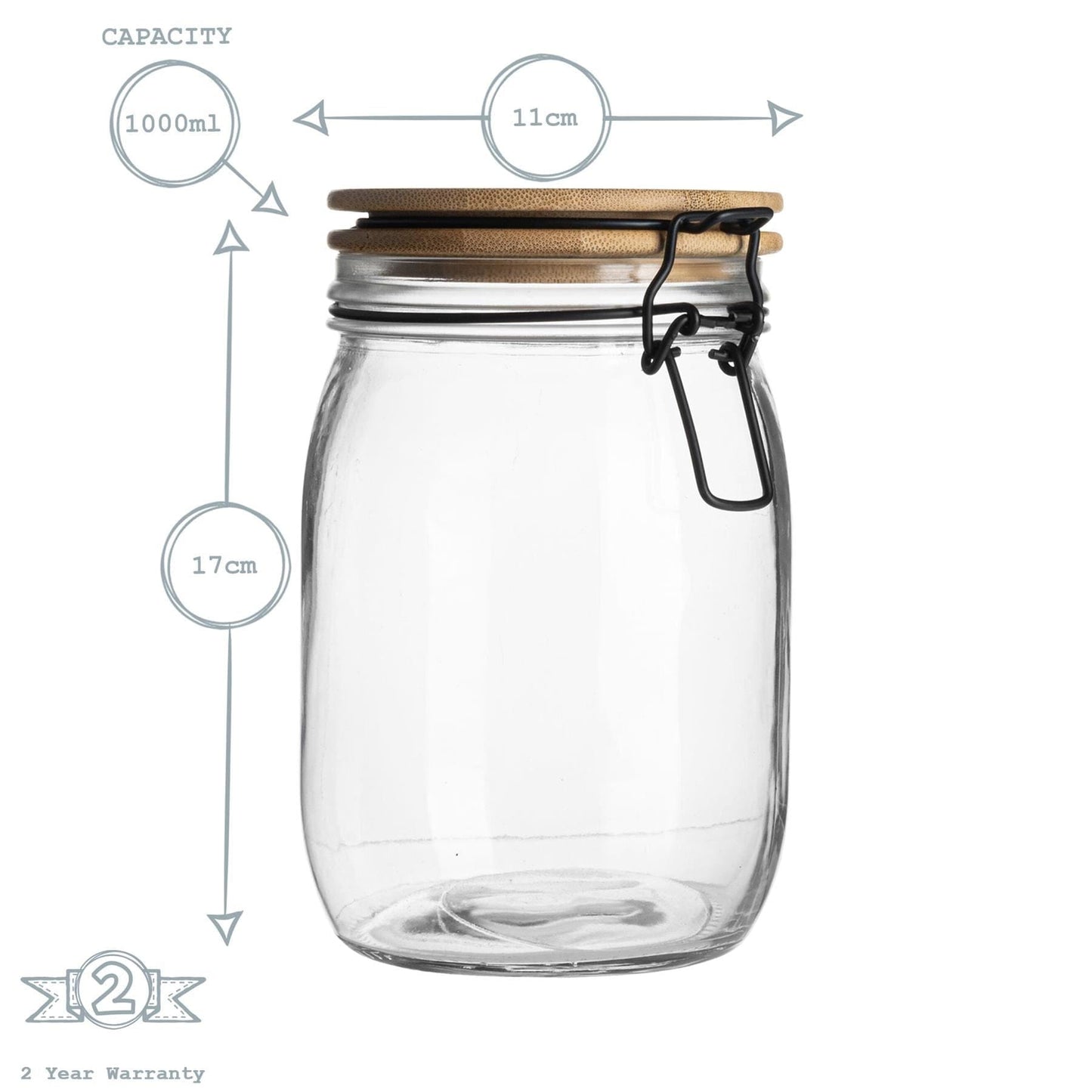1L Air tight Glass Storage Jar with Wooden Clip Lid