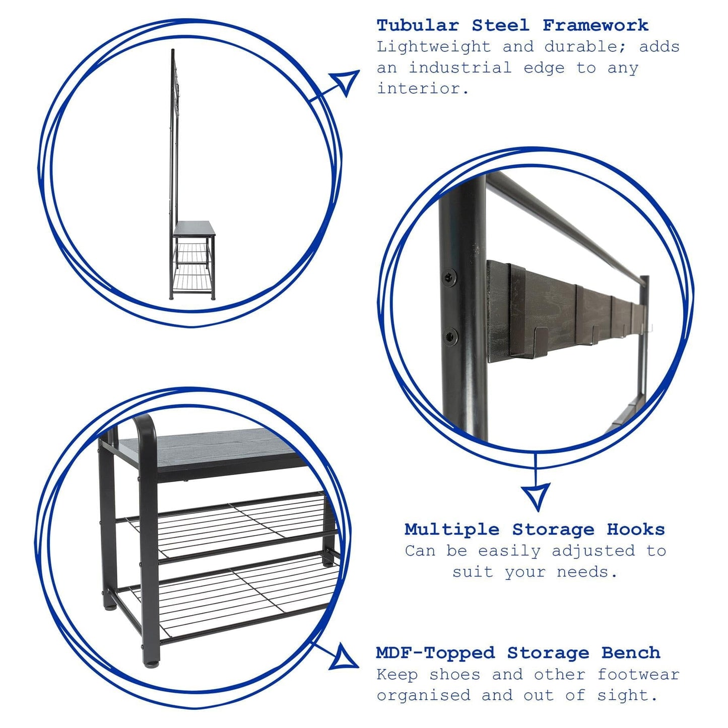 Curved Steel Coat Rack with Shoe Storage Bench