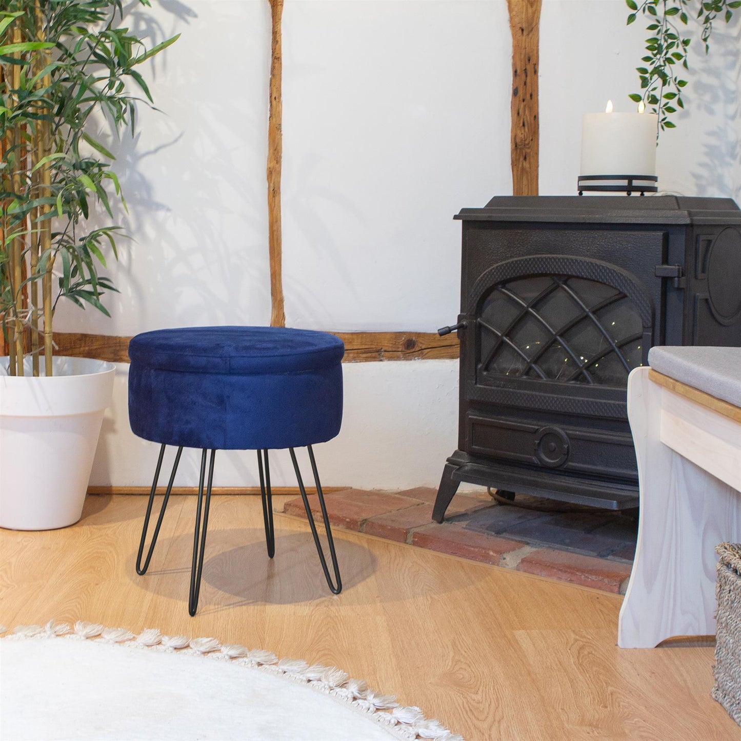 Blue Round Velvet Storage Footstool