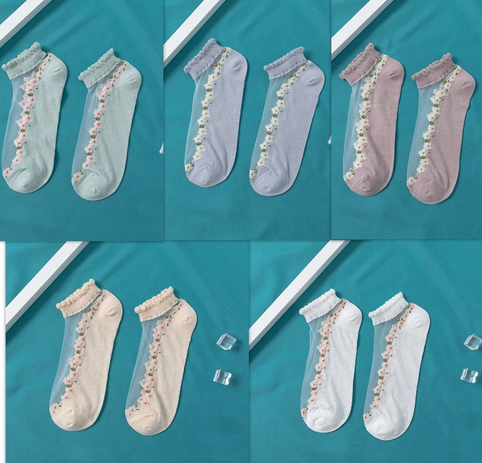 Women's Thin Spun Glass Lace Crystal Boat Socks