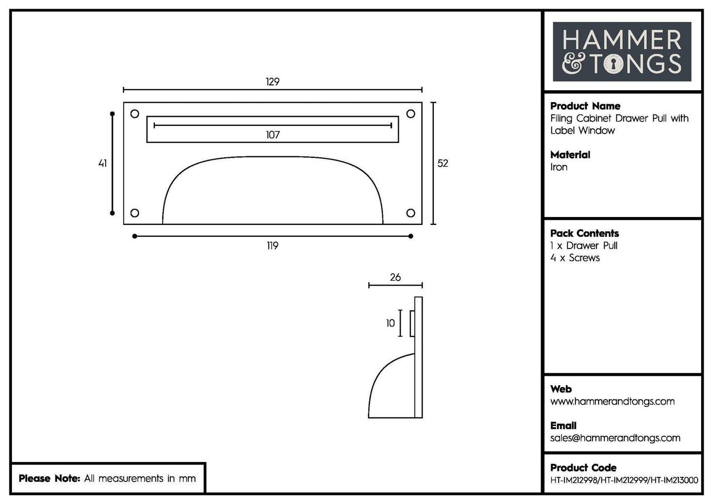 130mm x 50mm Filing Cabinet Cup Handle with Card Frame