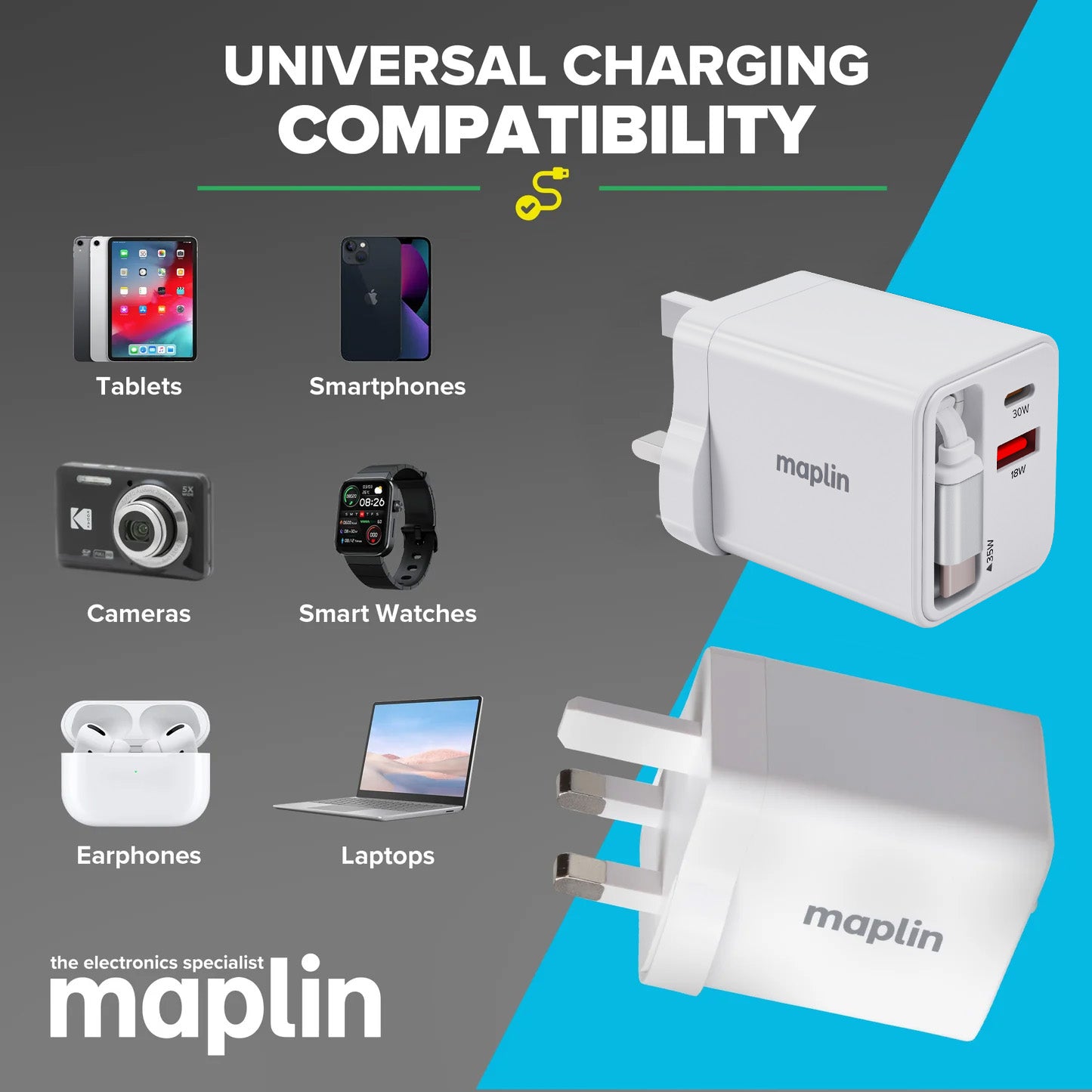 Maplin 35W GaN 2-Port USB Wall Charger with USB-C PD, USB-A QC 3.0 & Retractable USB-C Cable