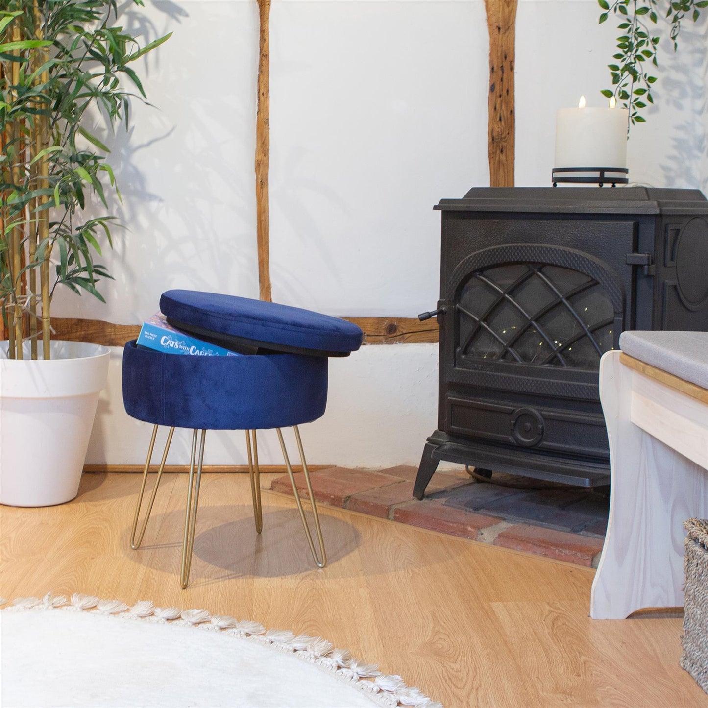 Blue Round Velvet Storage Footstool