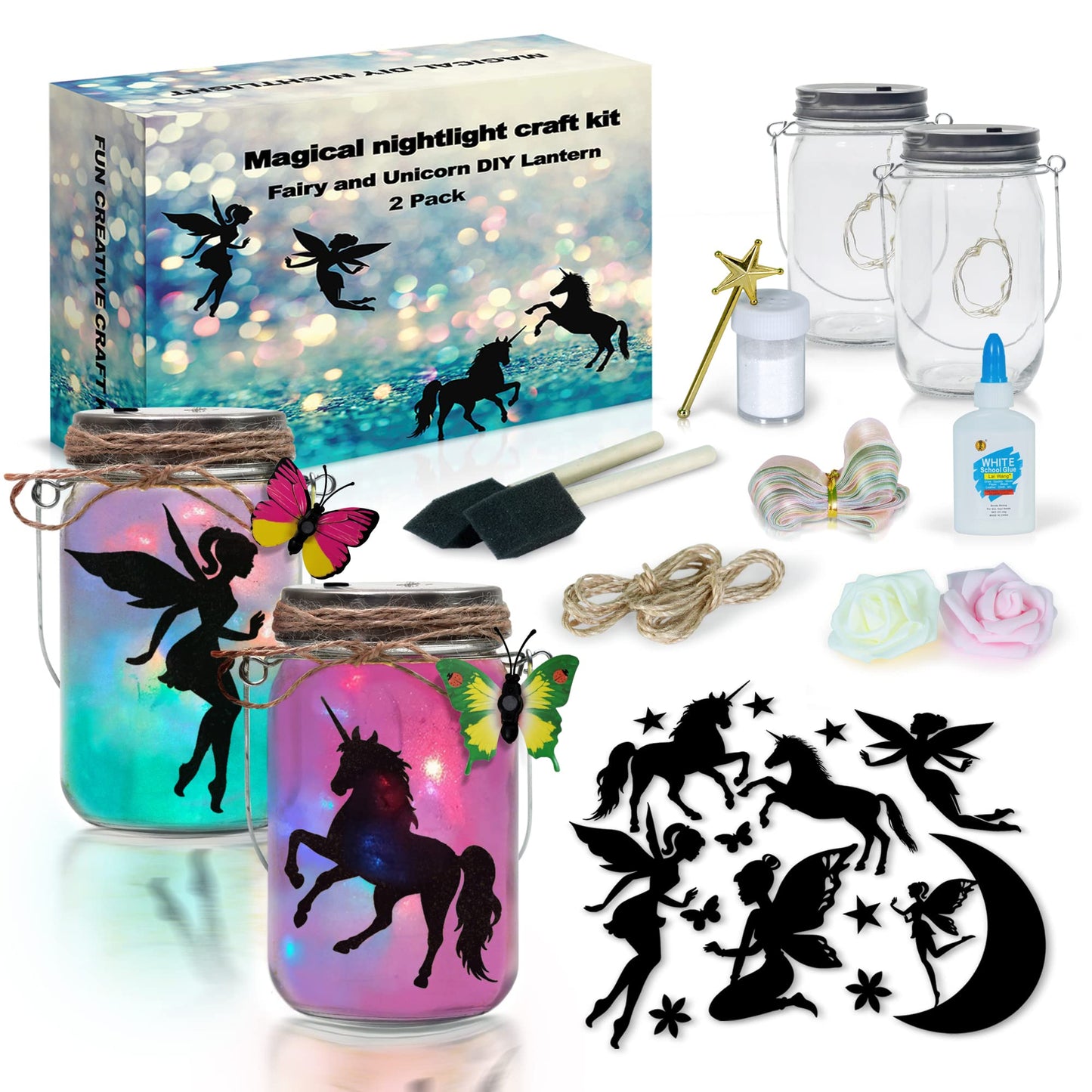 2Pepers DIY Fairy & Unicorn Nightlight Craft Kit (2 Pack) | Fairy Lantern Jars for Girls