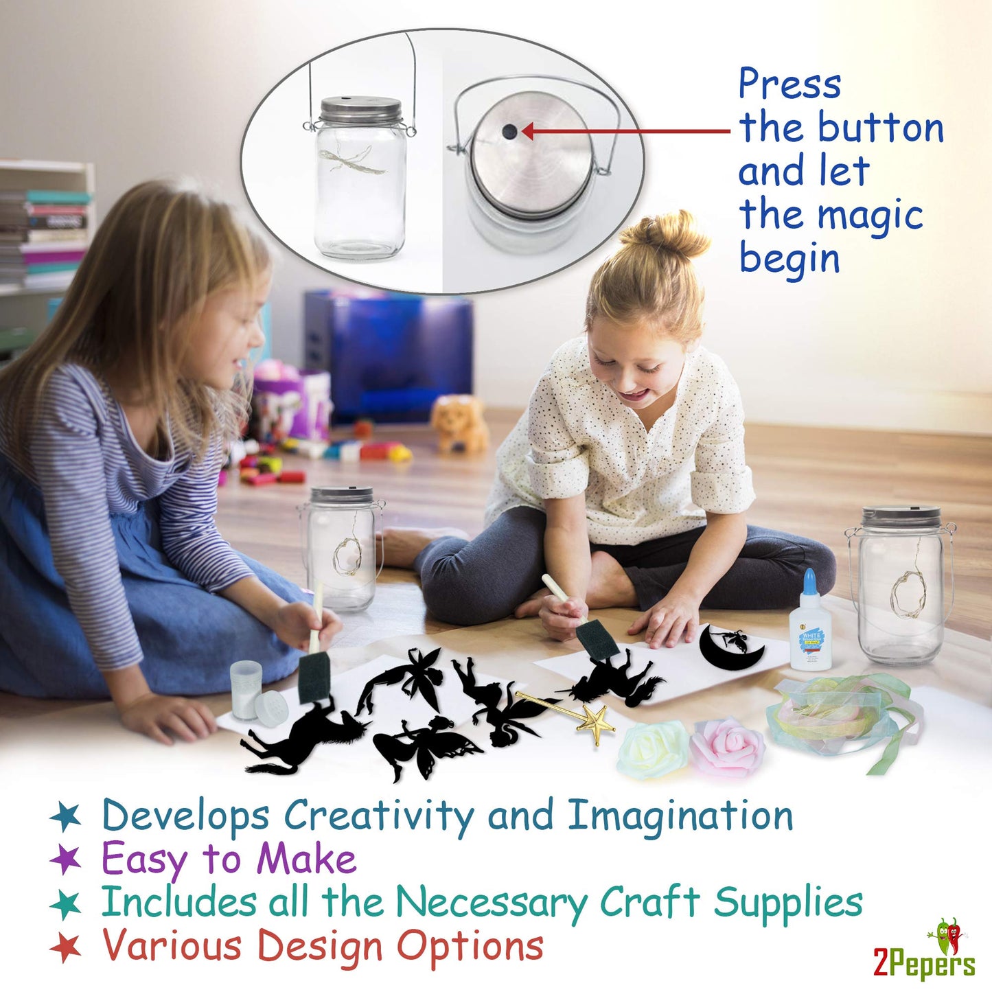 2Pepers DIY Fairy & Unicorn Nightlight Craft Kit (2 Pack) | Fairy Lantern Jars for Girls
