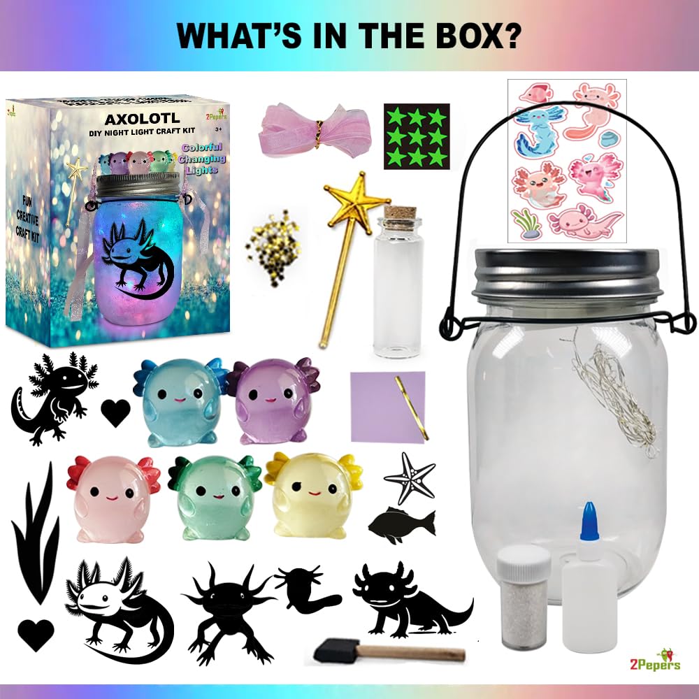 2Pepers Axolotl Lantern Jar – DIY Night Light Craft Kit for Kids Ages 3-12