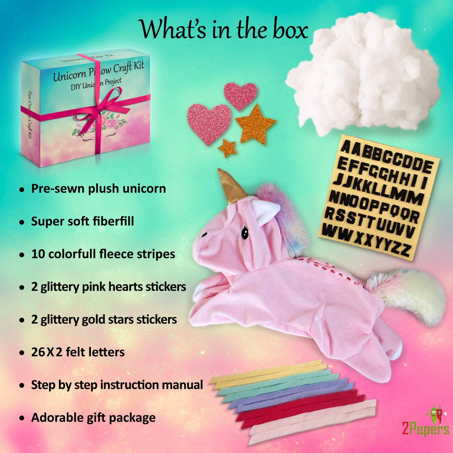 2Pepers Make Your Own Unicorn Pillow Kit - No-Sew Craft for Girls Aged 3-10