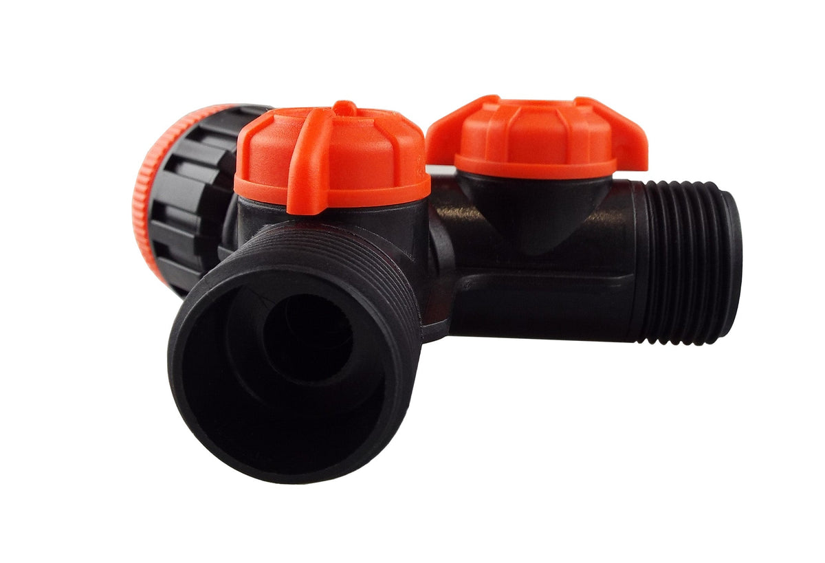 Double Tap Connector with Valves & Threaded Outlets Black/Orange