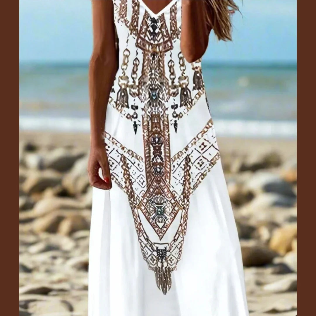 Women's Bohemian Marble Print Maxi Dresses – Sleeveless Loose A-Line Beach Resort Dresses