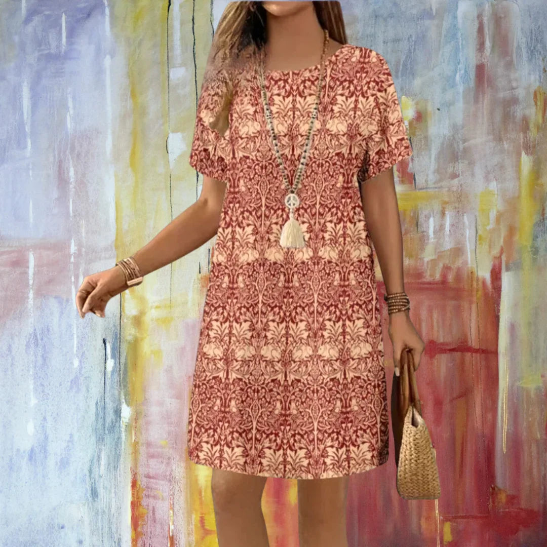 Boho 3D Flower & Feather Print Dress – Women's Loose Fit Summer Mini Dress with Short Sleeves
