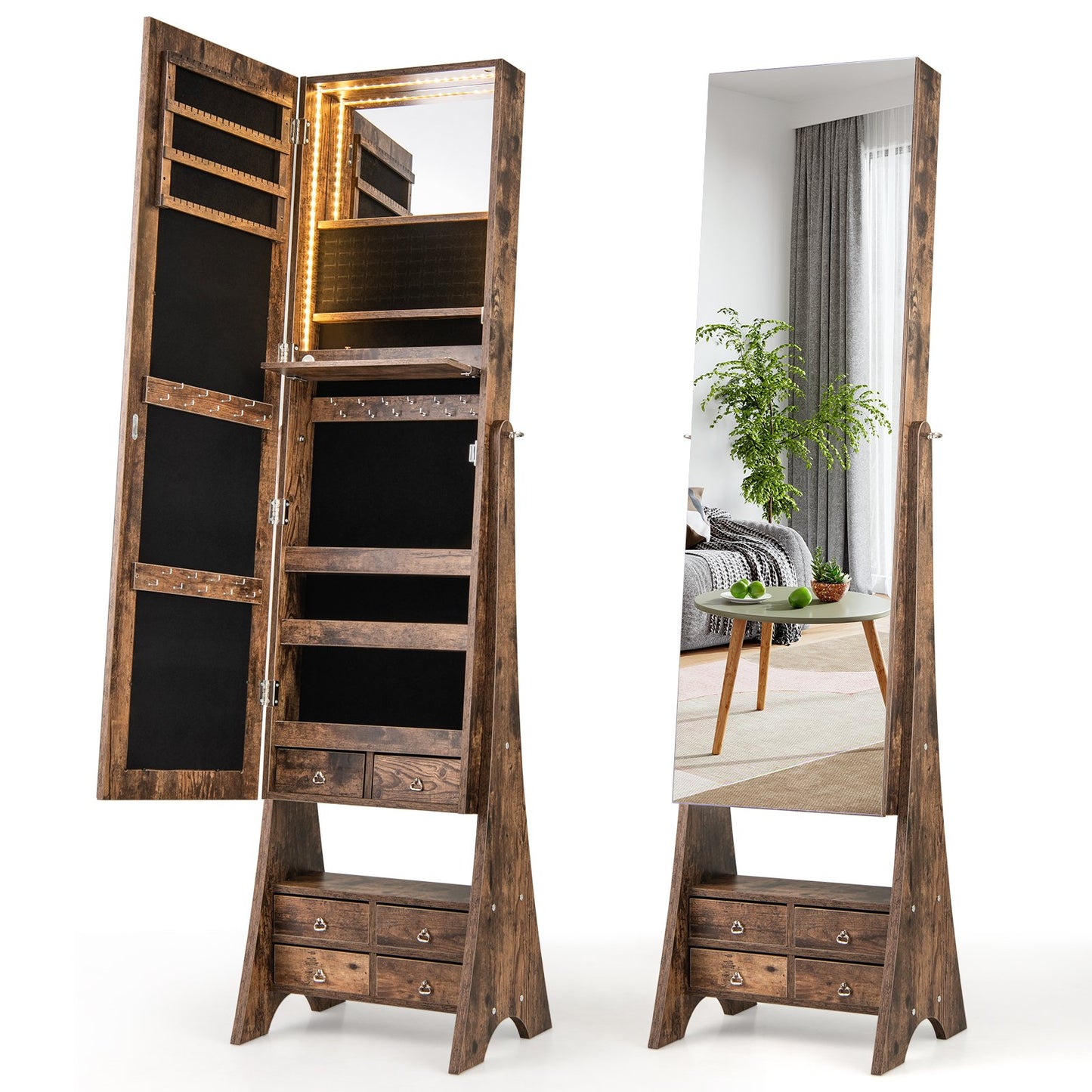 3-Color LED Lighted Jewelry Cabinet with Full-Length Mirror and Adjustable Tilt Angles-Black