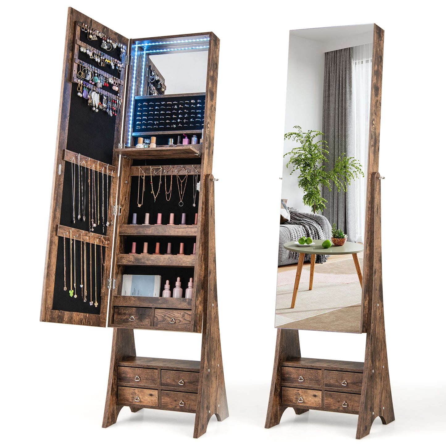 3-Color LED Lighted Jewelry Cabinet with Full-Length Mirror and Adjustable Tilt Angles-Black