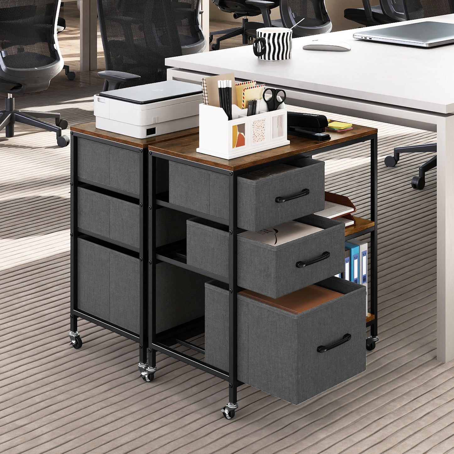 3 Drawer Wooden Mobile File Cabinet with Open Storage Shelves-Rusticbrown