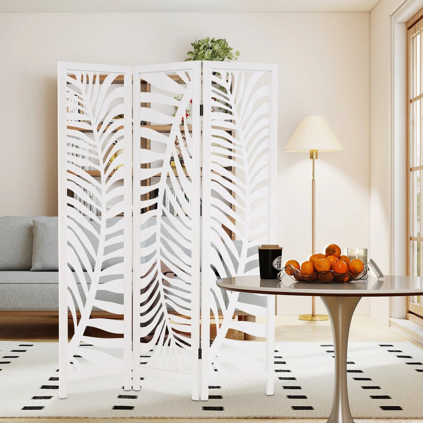 3-Panel Room Divider 170 cm Freestanding Privacy Screen with Natural Paulownia Wood Frame-White