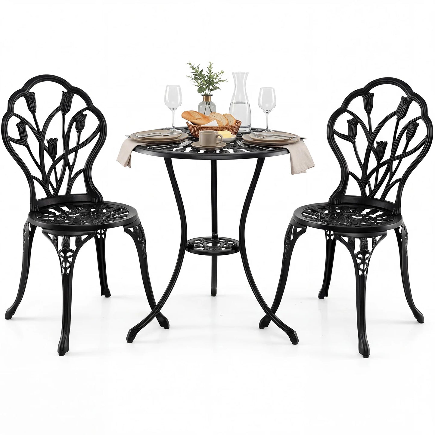 3-Piece Cast Aluminum Bistro Set Patio All-Weather Table and Chairs with Umbrella Hole-Black