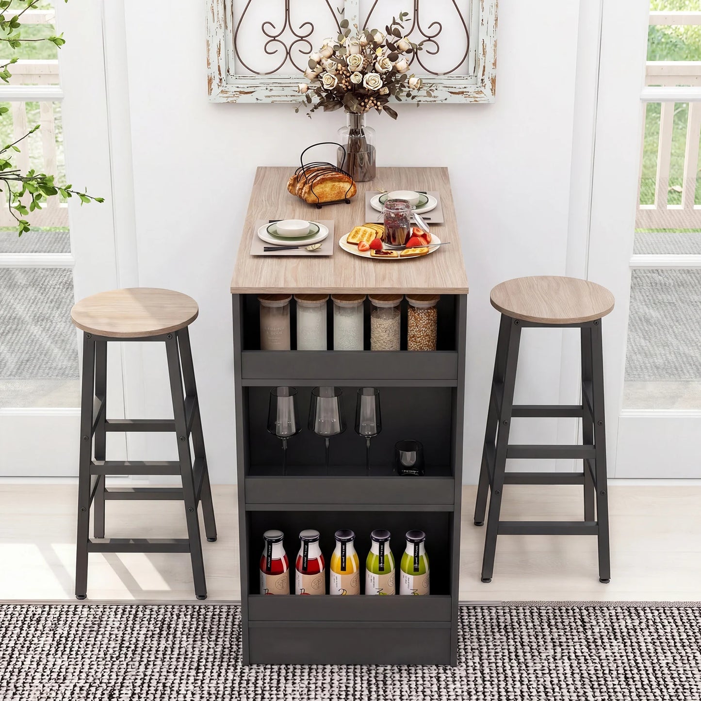 3-Piece Dining Table Set 91 cm Counter Height Bistro Table with 3 Storage Shelves-Rustic Brown
