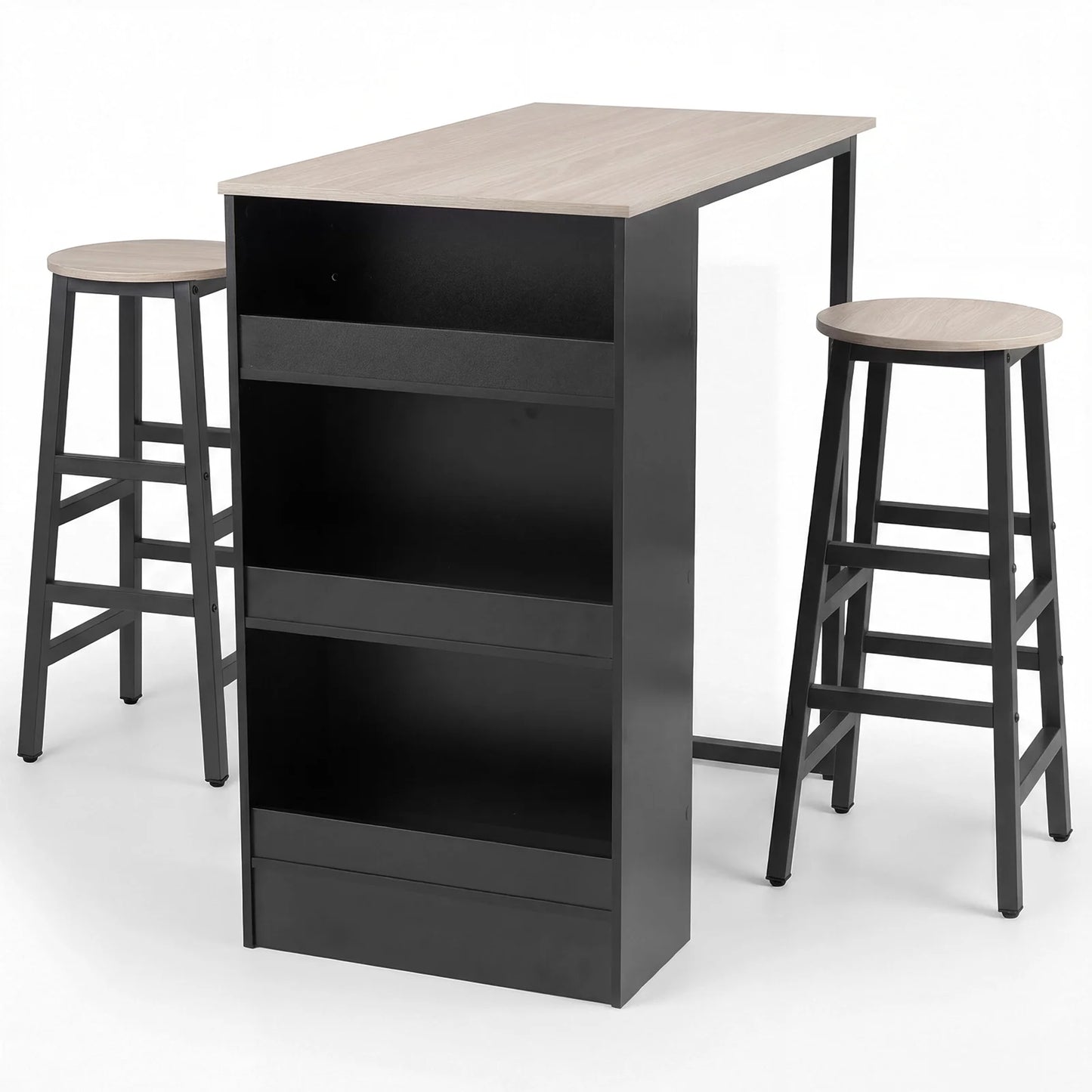 3-Piece Dining Table Set 91 cm Counter Height Bistro Table with 3 Storage Shelves-Rustic Brown