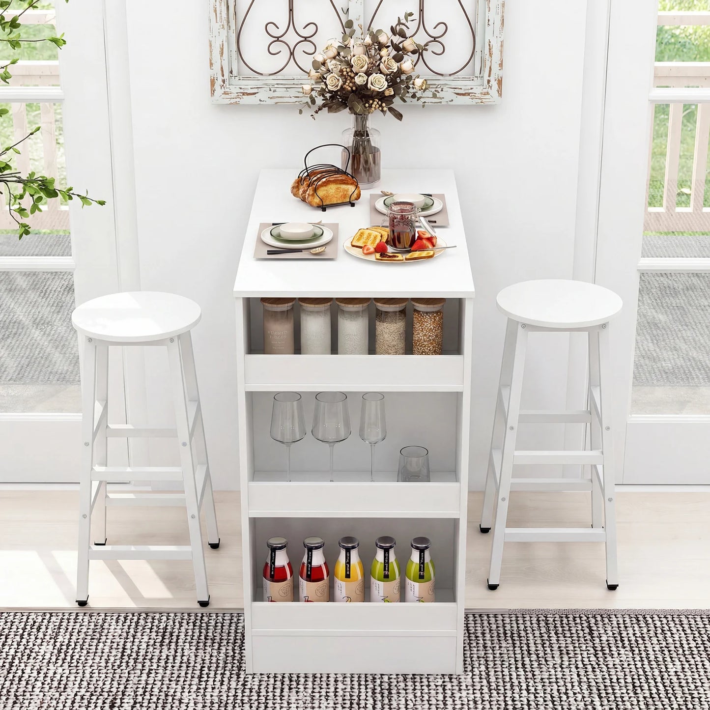 3-Piece Dining Table Set 91 cm Counter Height Bistro Table with 3 Storage Shelves-Rustic Brown