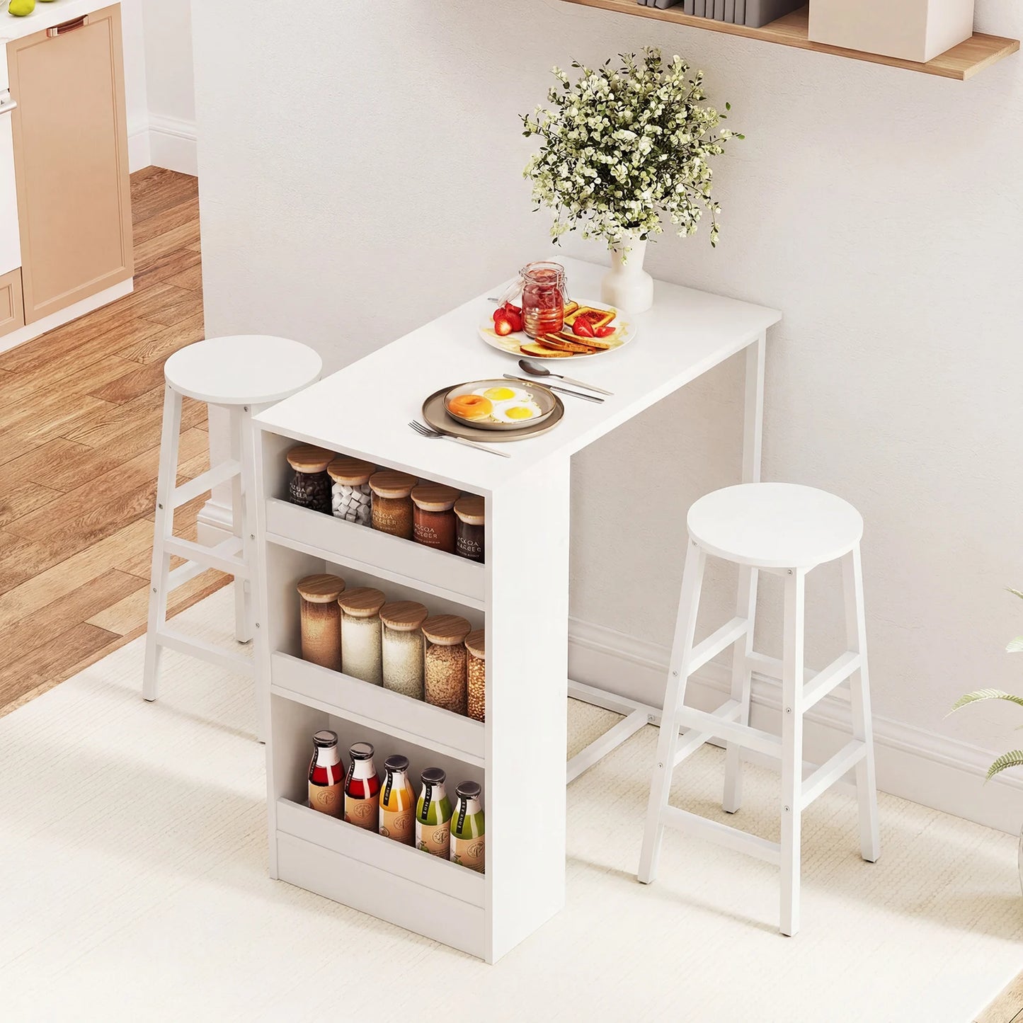 3-Piece Dining Table Set 91 cm Counter Height Bistro Table with 3 Storage Shelves-Rustic Brown