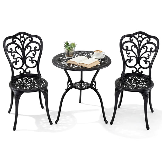 3-Piece Patio Bistro Set All Weather Cast Aluminum Table and Chairs with Umbrella Hole and Butterfly Backrests-Black