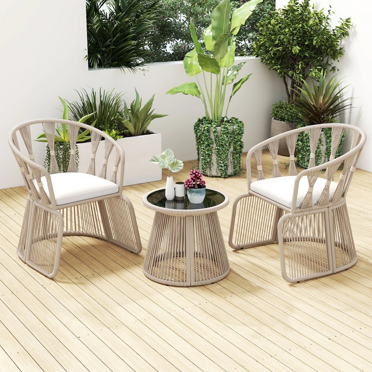 3 Piece Patio Leisure Chair Set Rope-Woven Armchairs and Table Set with Soft Seat Cushions-White