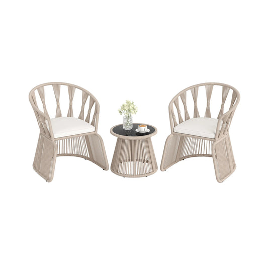 3 Piece Patio Leisure Chair Set Rope-Woven Armchairs and Table Set with Soft Seat Cushions-White