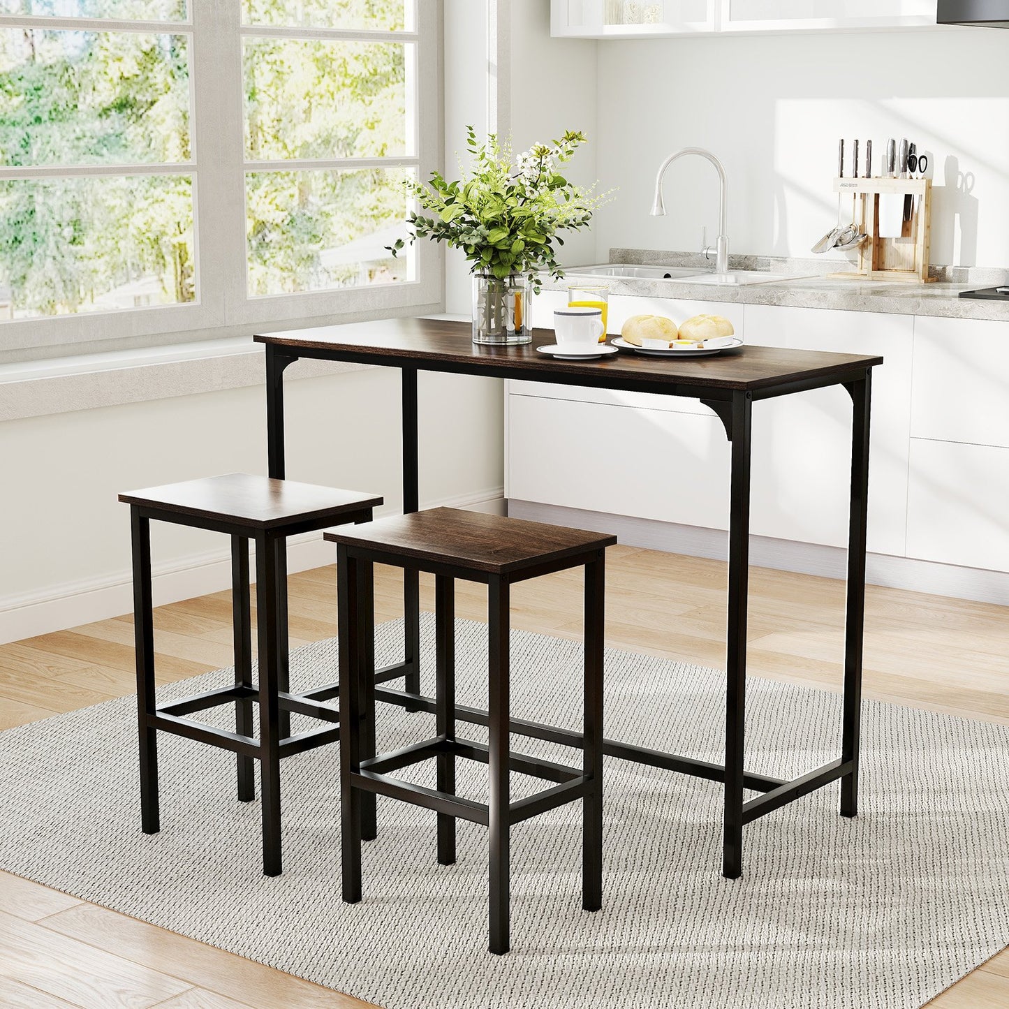 3-Piece Dining Table Set with High Top Rectangular Pub Table and Chairs-Black
