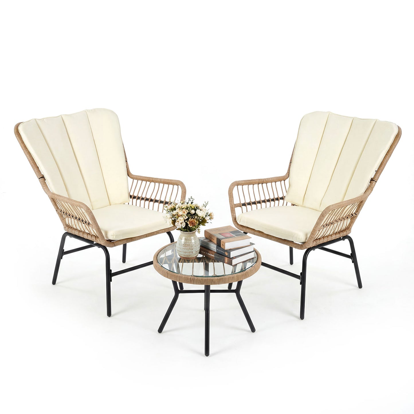 3 Pieces Patio Bistro Set Outdoor PE Wicker Conversation Set with Tempered Glass Coffee Table-Beige
