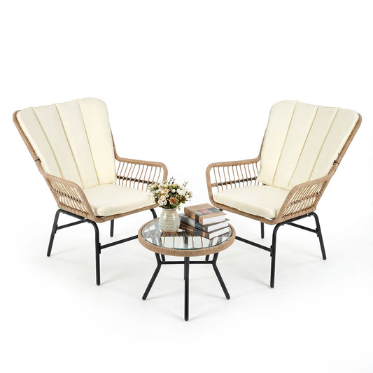 3 Pieces Patio Bistro Set Outdoor PE Wicker Conversation Set with Tempered Glass Coffee Table-Beige