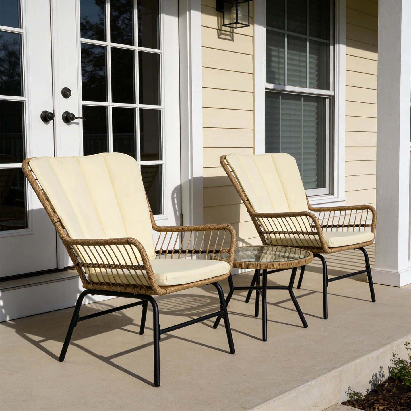 3 Pieces Patio Bistro Set Outdoor PE Wicker Conversation Set with Tempered Glass Coffee Table-Beige