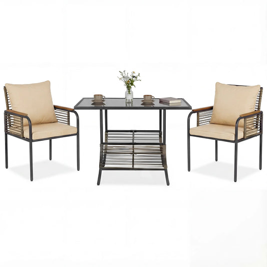 3 Pieces Patio Wicker Bistro Set with Cushions and Rattan Chairs for Balcony-Brown