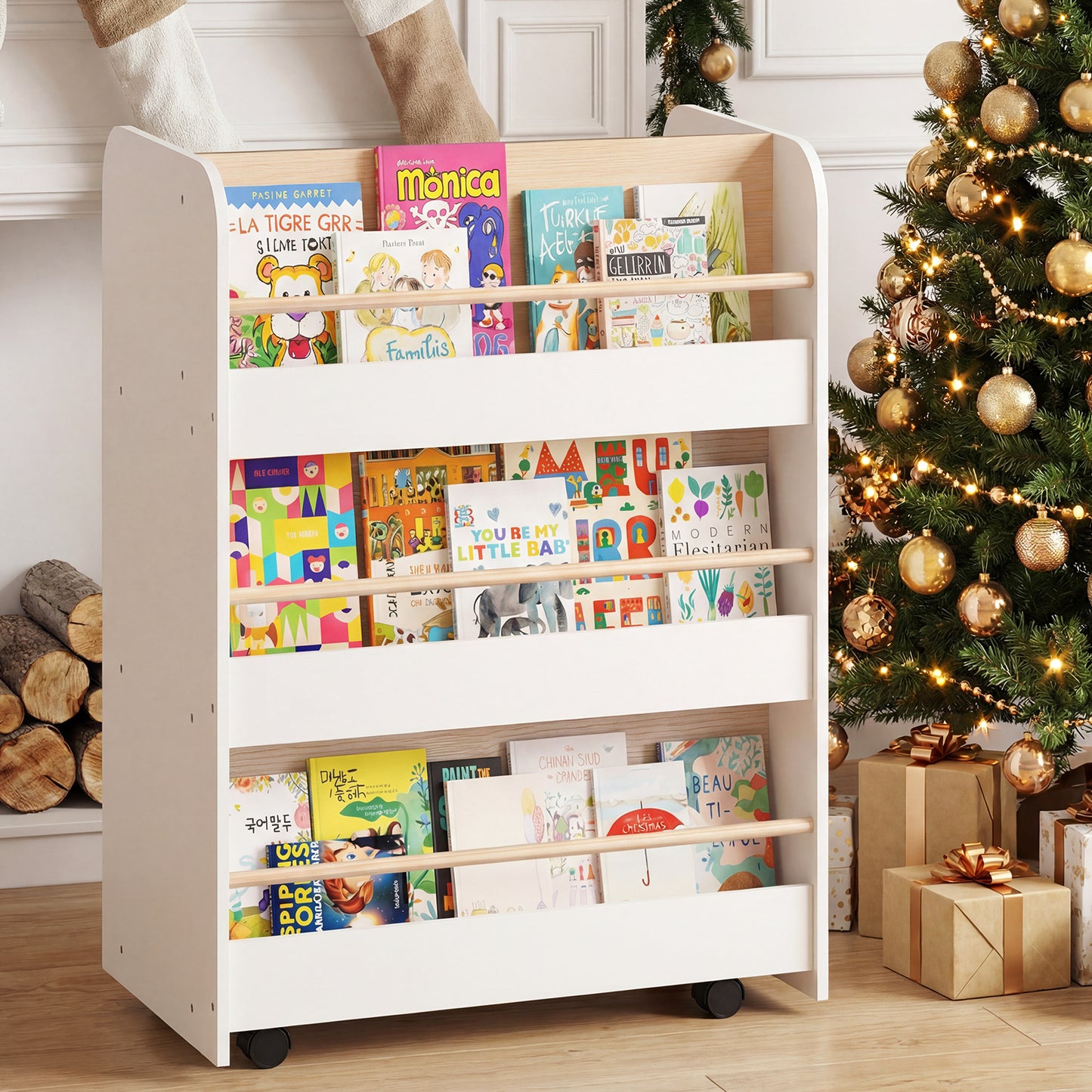 3-Tier Bookshelf for Kids with Wheels Double-sided Book Display-White