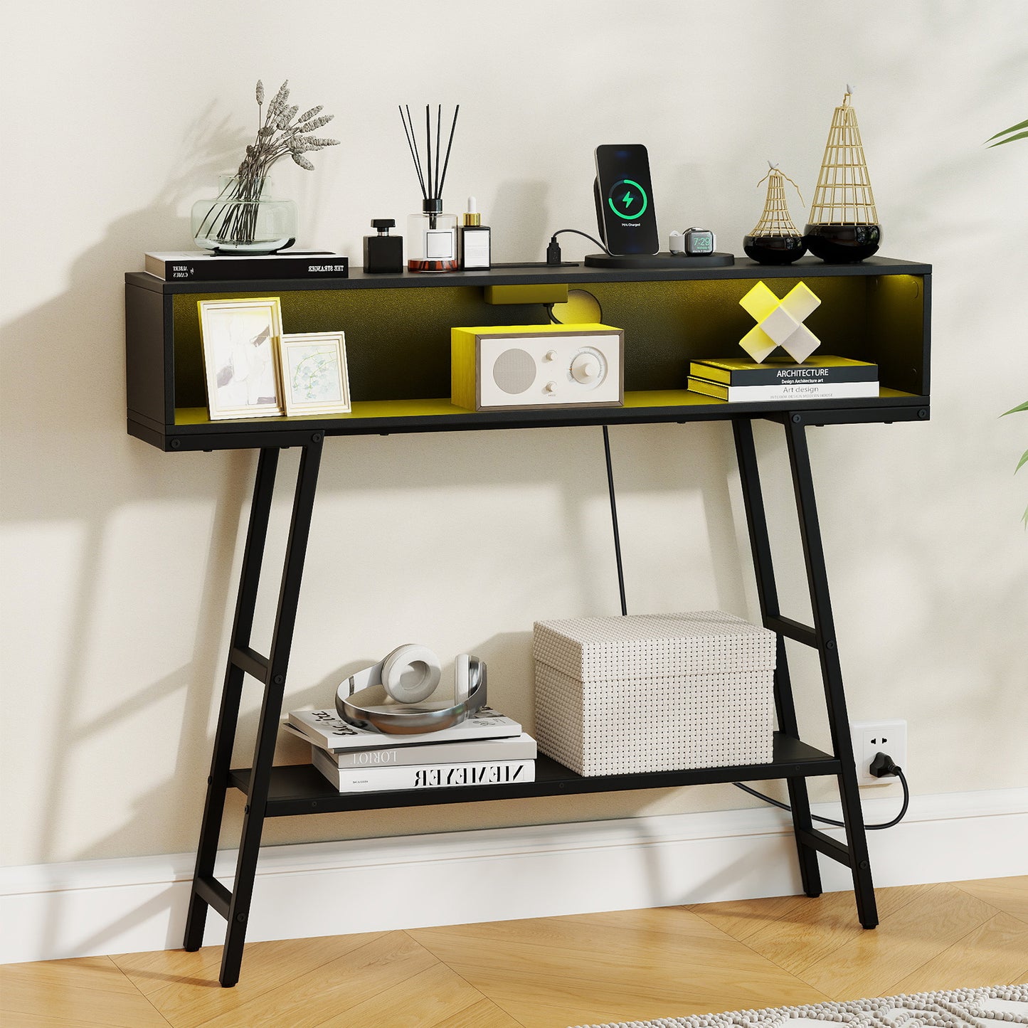 3-Tier Console Table with LED Light and Charging Station-Rustic Brown