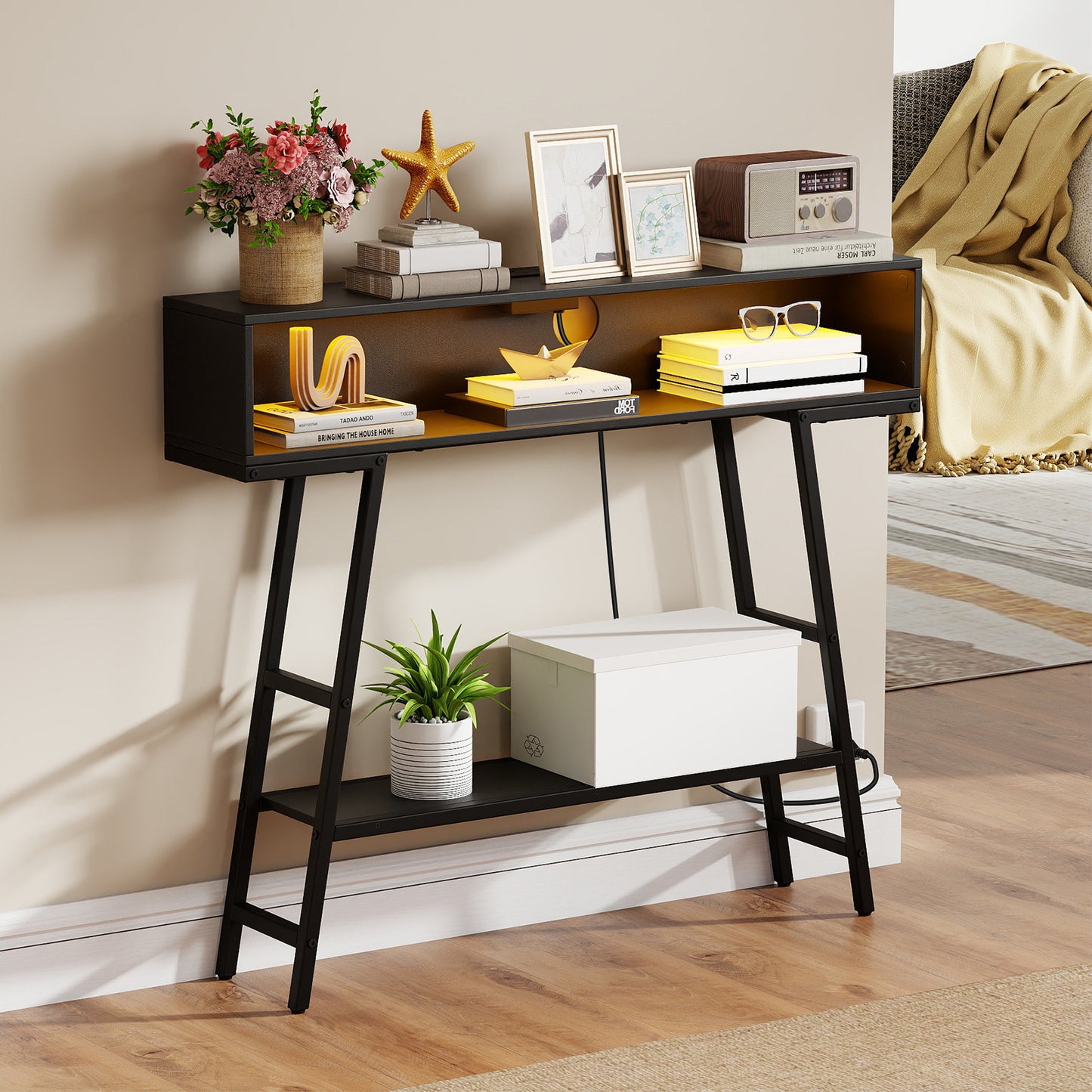 3-Tier Console Table with LED Light and Charging Station-Rustic Brown