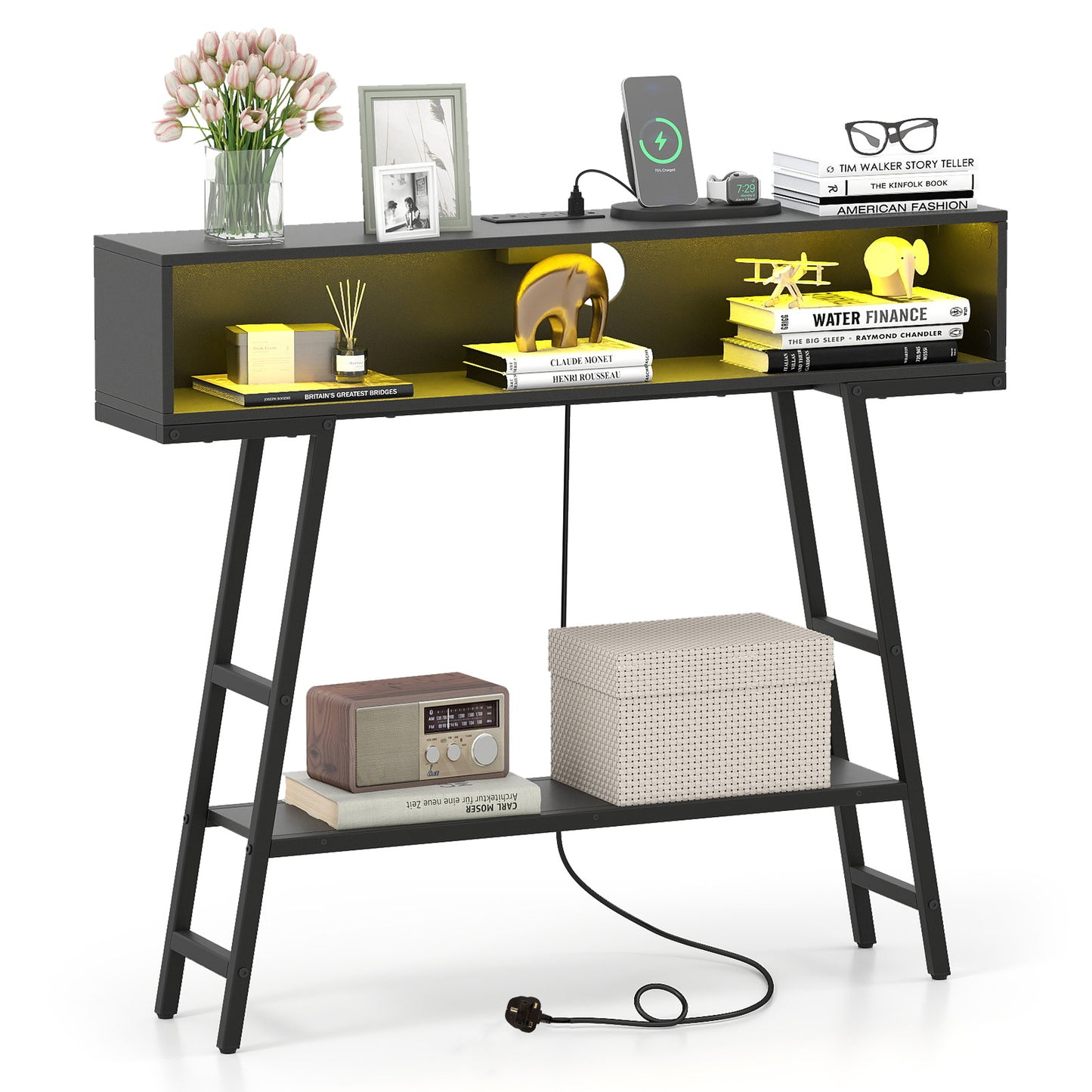3-Tier Console Table with LED Light and Charging Station-Rustic Brown