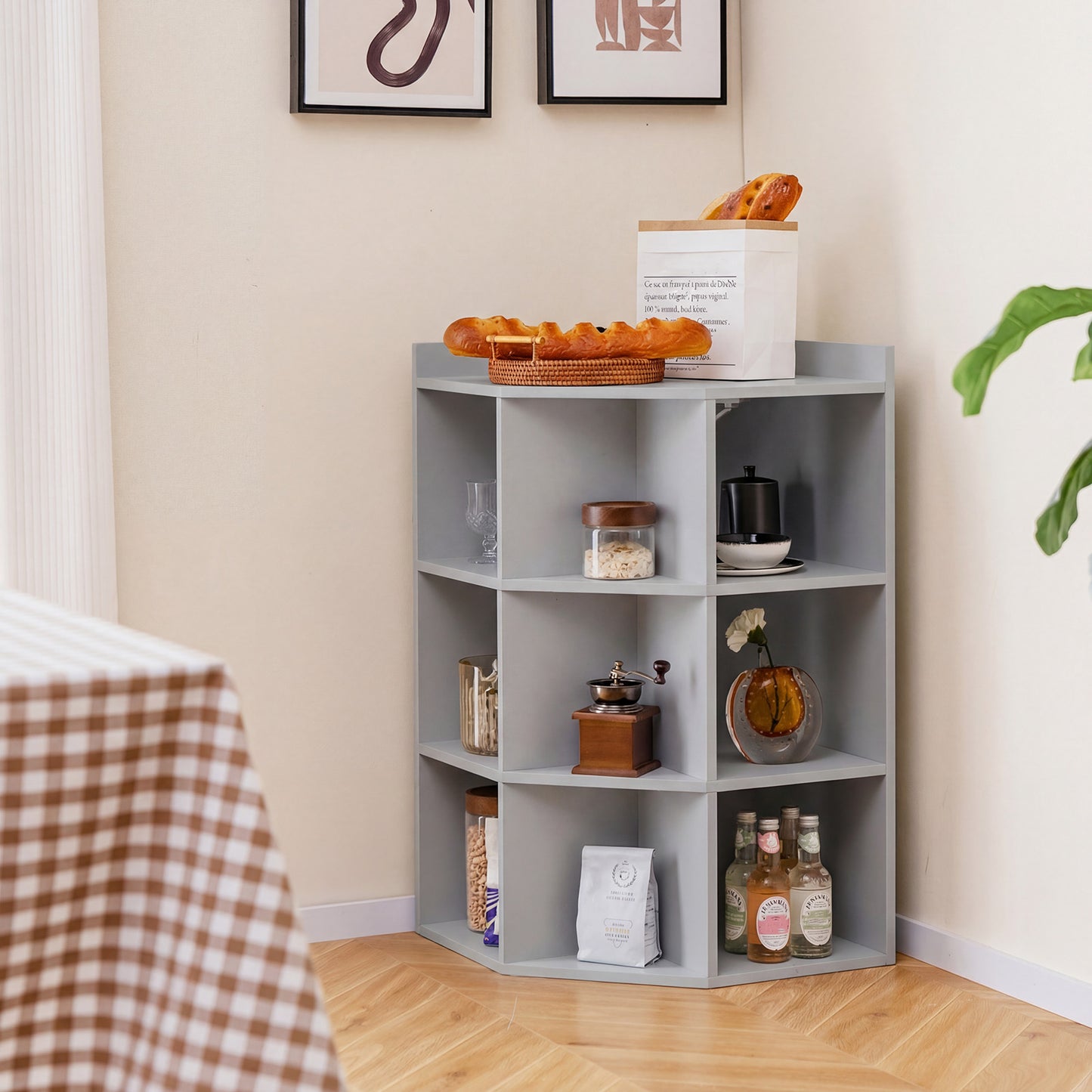 3-Tier Corner Cabinet with Charging Station and 9 Cubbies-Grey